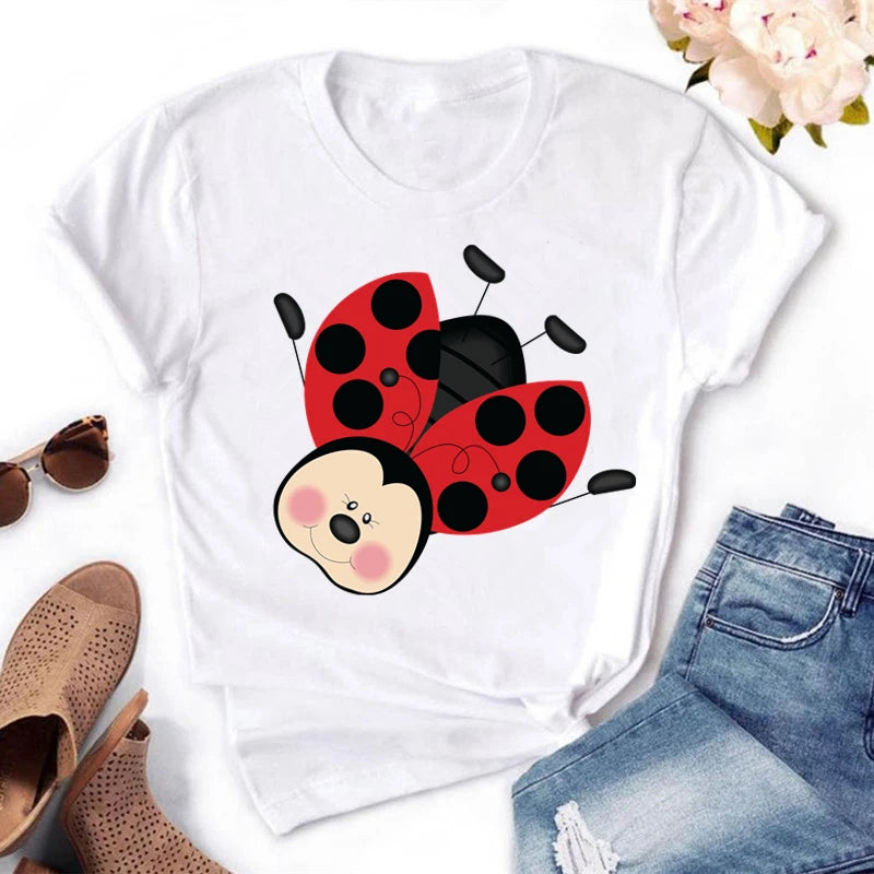 Summer Women T Shirt Cute Short Sleeve O Neck Tops Cartoon Ladybug Print t-shirt Kawaii Girl White Women Clothing HH519