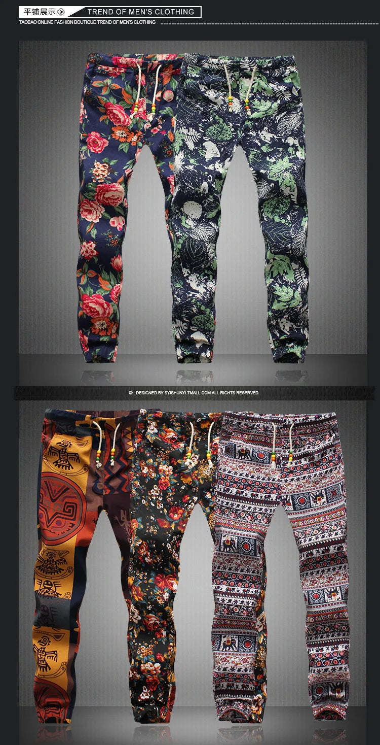 Euro Size New Fashion Spring Men Floral Print Joggers Male Casual Summer Pants Mens Sweatpants Linen Pants Men Trousers