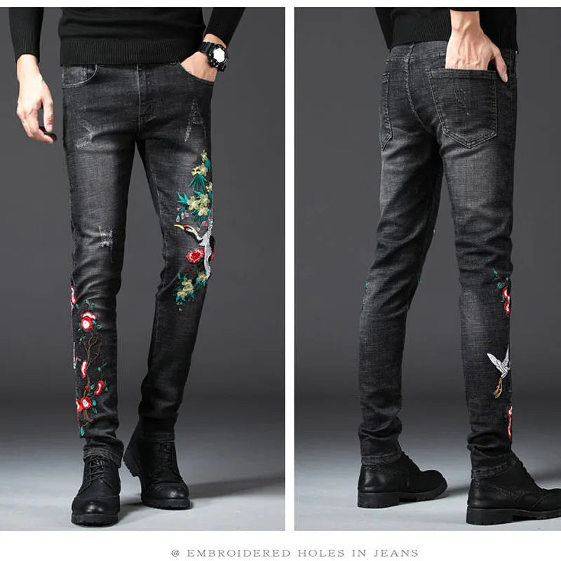 Fashion men's 2020 long pants printing spring and summer embroidery flower jeans men's slim feet men's casual jeans