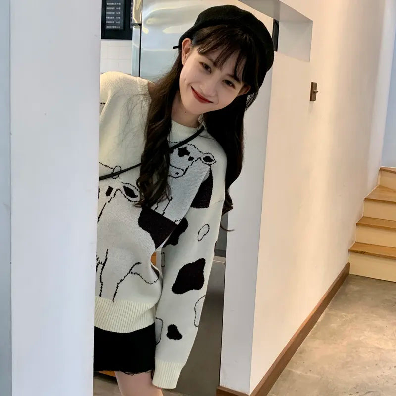 Vintage Casual Loose Lazy Cow Sweater Female Korean Harajuku Women's Sweaters Japanese Kawaii Cute Ulzzang Clothing For Women