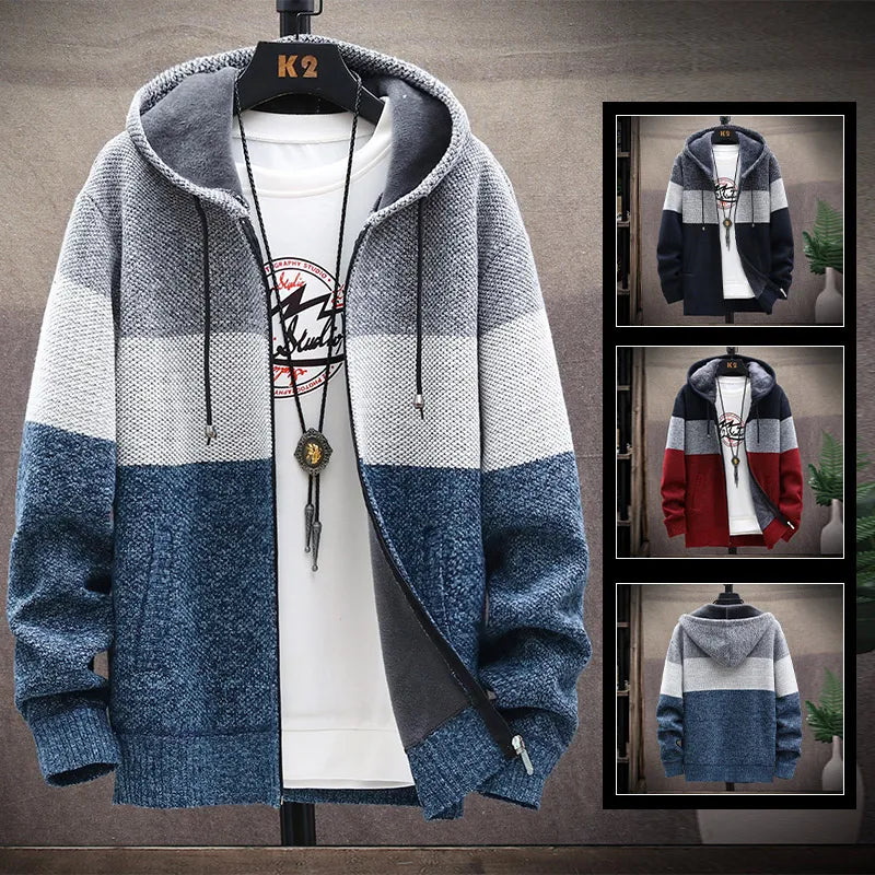 Men's Cardigan Hooded  Sweater Jumper with Zipper Knitwear Fashion Striped Fleece Wool Autumn/Winter Thick Warm Coat Cold Blouse