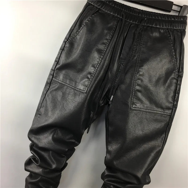 Owen Seak Men Casual Cargo Harem Pants High Street Hip Hop Length PU Faux Leather Sweatpants Autumn Winter Black Big Size