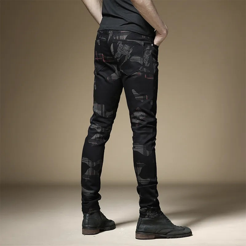 New European and American style men's male black jeans slim trend print pants hip-hop summer casual denim trousers