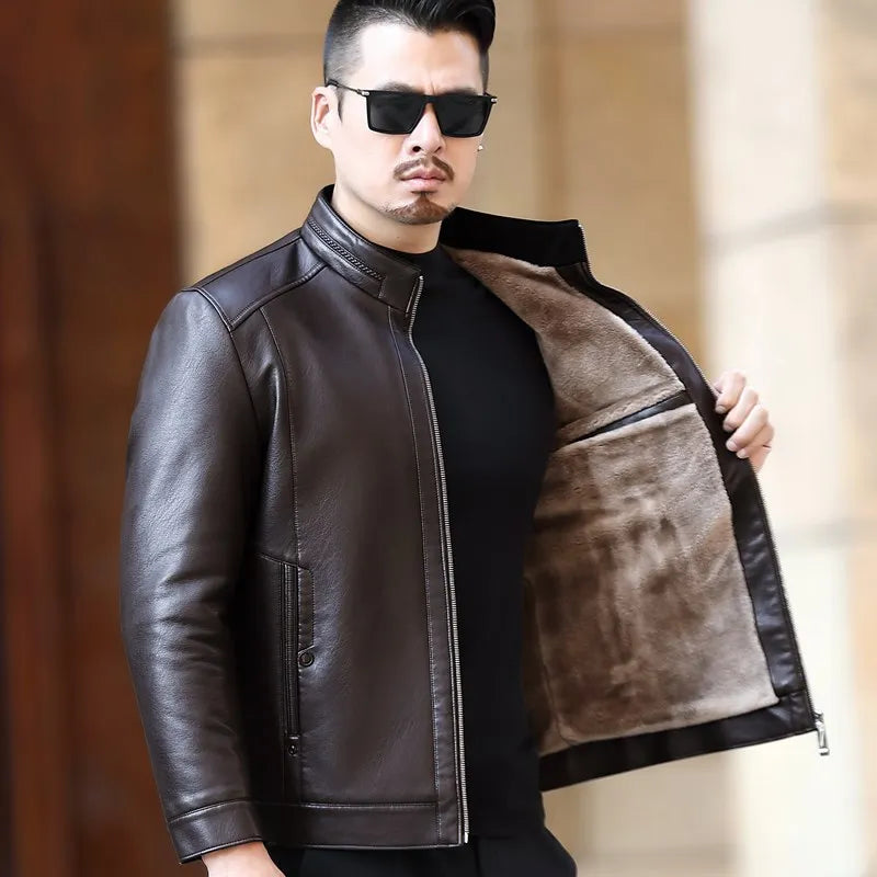 YXL-221 Natural Leather Jacket Men's Stand-up Collar  Business Casual Fur One-piece Men's Super Soft SE Plush Liner Warm Jacket