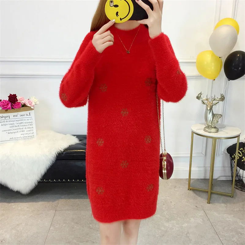 Women Knit Sweater Pullover New Fashion Imitation Mink Cashmere Loose Femmes Top White Dress Half Turtleneck Sweater Jumper