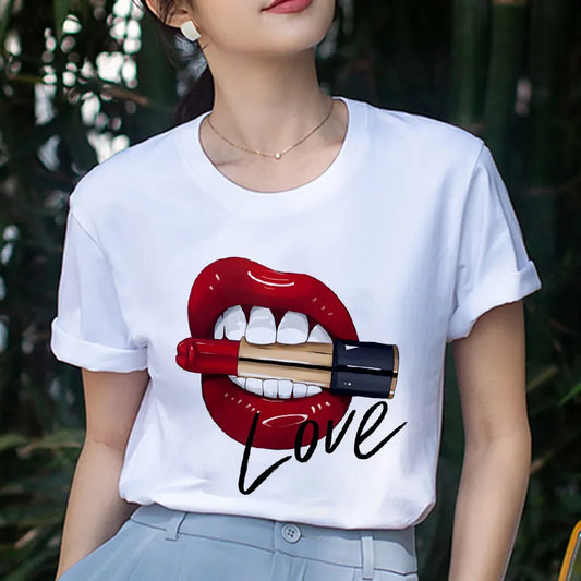 Women's Tops Red Mouth Lip Love Print T shirts Fashion O-Neck Short Sleeve clothing Tshirt Harajuku Leisure White T-shirt