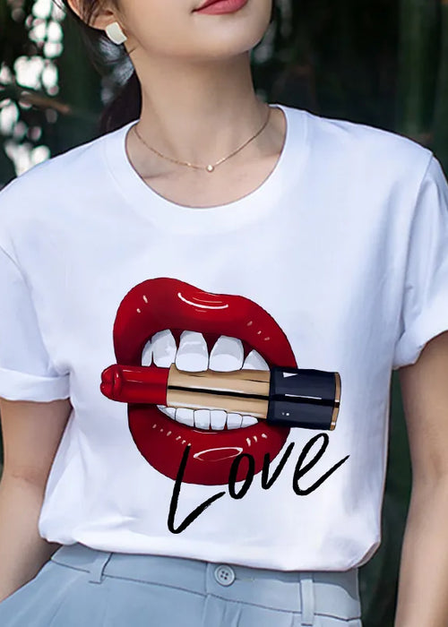 Women's Tops Red Mouth Lip Love Print T shirts Fashion O-Neck Short Sleeve clothing Tshirt Harajuku Leisure White T-shirt