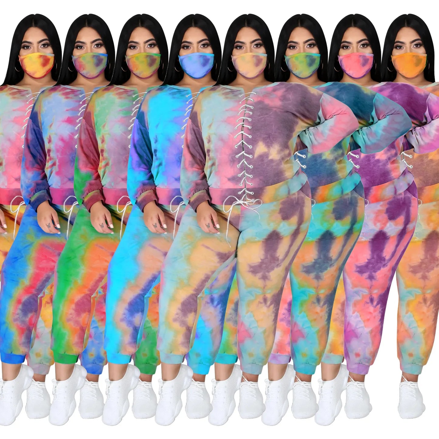 Women&#39;s Clothing Plus Size Sets 2021 Autumn Urban Three-Piece O-Neck Sweater Tie-Dye Fashion Tie Long Sleeve Loose Leisure Suit