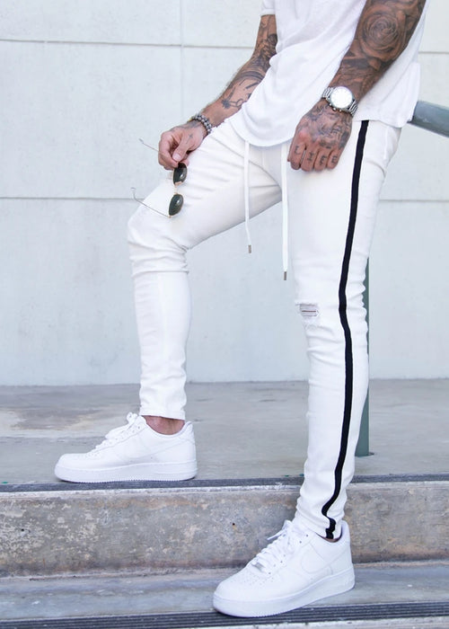 Men's Ripped Pencil Pants Men Skinny Denim Biker Side Striped Jeans Men's Fashion Foot Mouth Zipper Hip-Hop Slim Denim Trousers