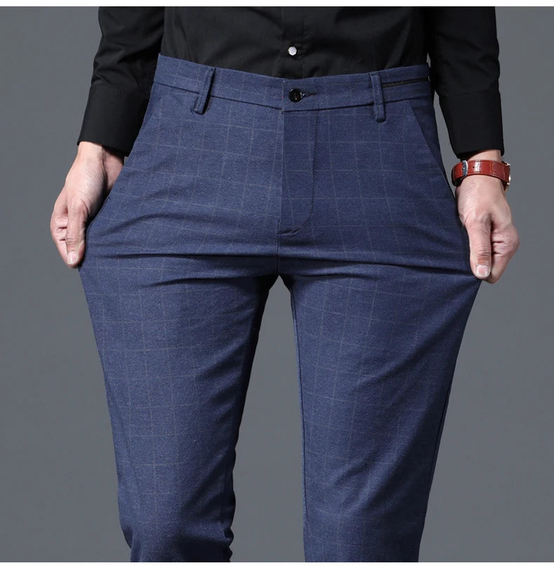 2025 Autumn New Men's Slim Plaid Casual Pants Fashion Soft Stretch Business Work Trousers Gentleman Brand Clothes Black Blue