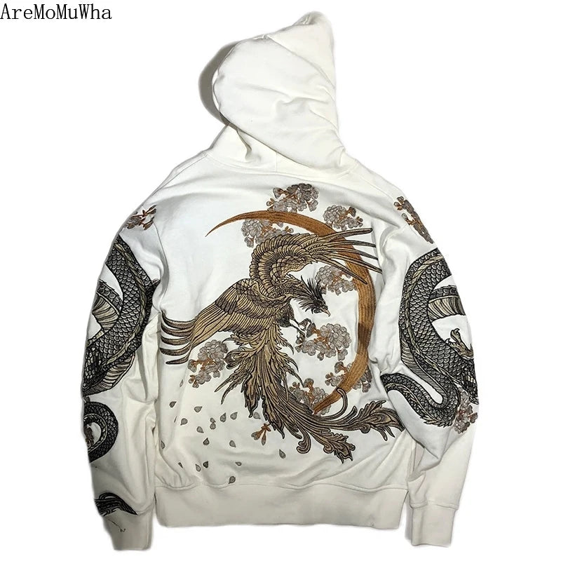 Original Spring Autumn New Chinese Style Men Women Couple Models Gold Line Dragon and Phoenix Embroidery Hooded Mens Hoodies