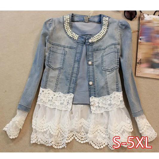 Women's Denim Jacket Lace Patchwork Pearl Slim Long-Sleeve Denim Jacket Lady Vintage Coat oversize 5XL Women Outerwear