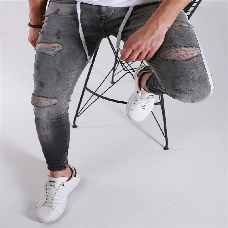 Men's Ripped Pencil Pants Men Skinny Denim Biker Side Striped Jeans Men's Fashion Foot Mouth Zipper Hip-Hop Slim Denim Trousers