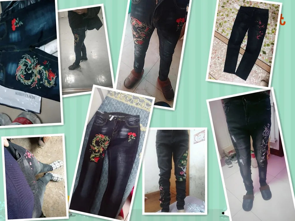 Fashion men's 2020 long pants printing spring and summer embroidery flower jeans men's slim feet men's casual jeans