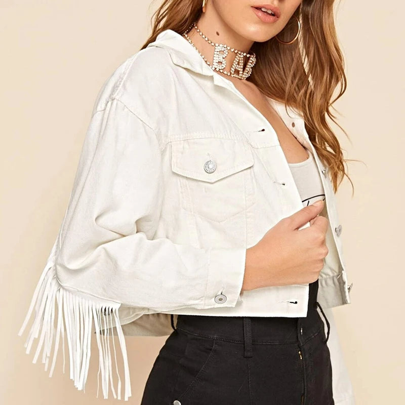 Women's Denim Jackets With Fringe Beaded Fashion Loose White Jacket Long Sleeve Short Coat Spring Casual Outerwear Rainbowwaves