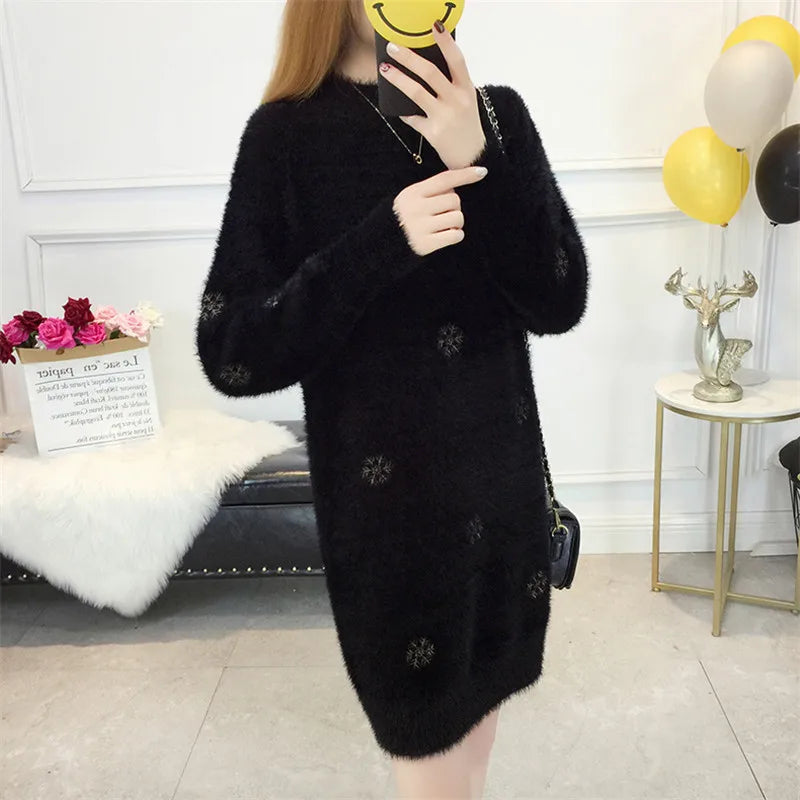 Women Knit Sweater Pullover New Fashion Imitation Mink Cashmere Loose Femmes Top White Dress Half Turtleneck Sweater Jumper