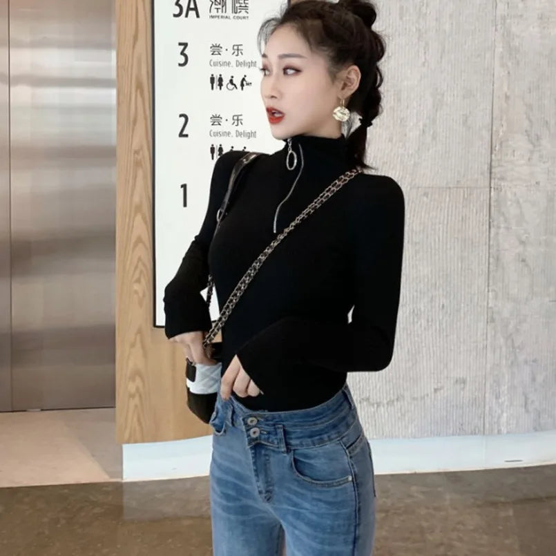 New Winter Women's Sweaters Zipper Turtleneck Pullover Women Long Sleeve Top Black Knitted Sweater Female Korean Clothes 2020