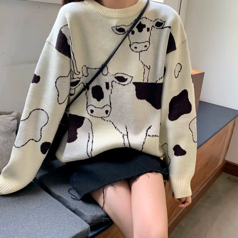 Vintage Casual Loose Lazy Cow Sweater Female Korean Harajuku Women's Sweaters Japanese Kawaii Cute Ulzzang Clothing For Women