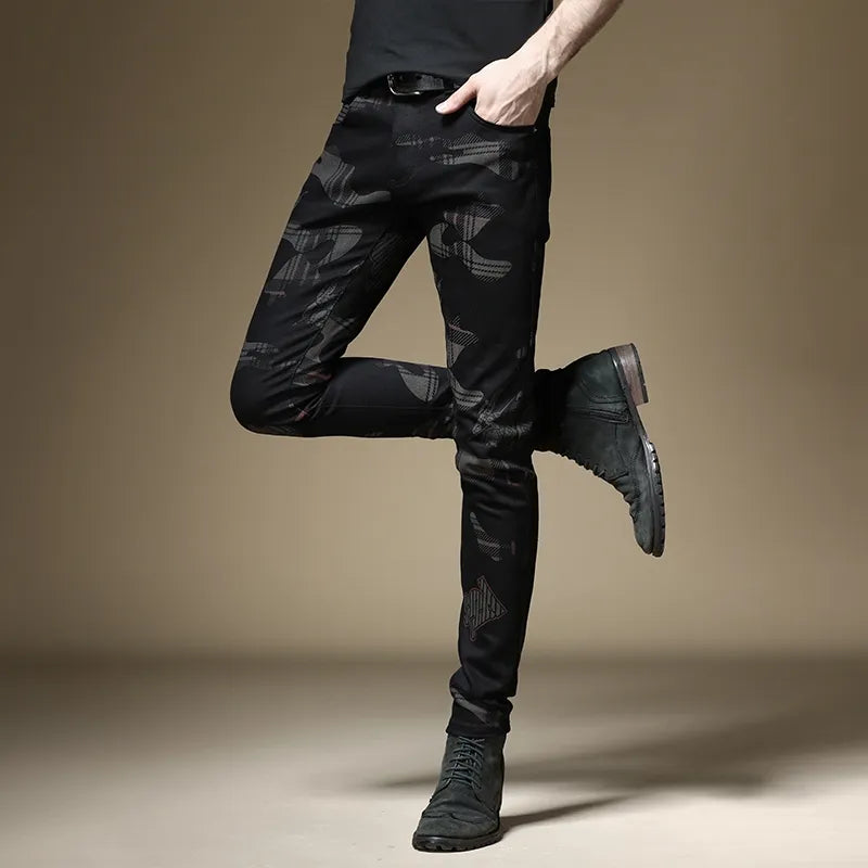 New European and American style men's male black jeans slim trend print pants hip-hop summer casual denim trousers