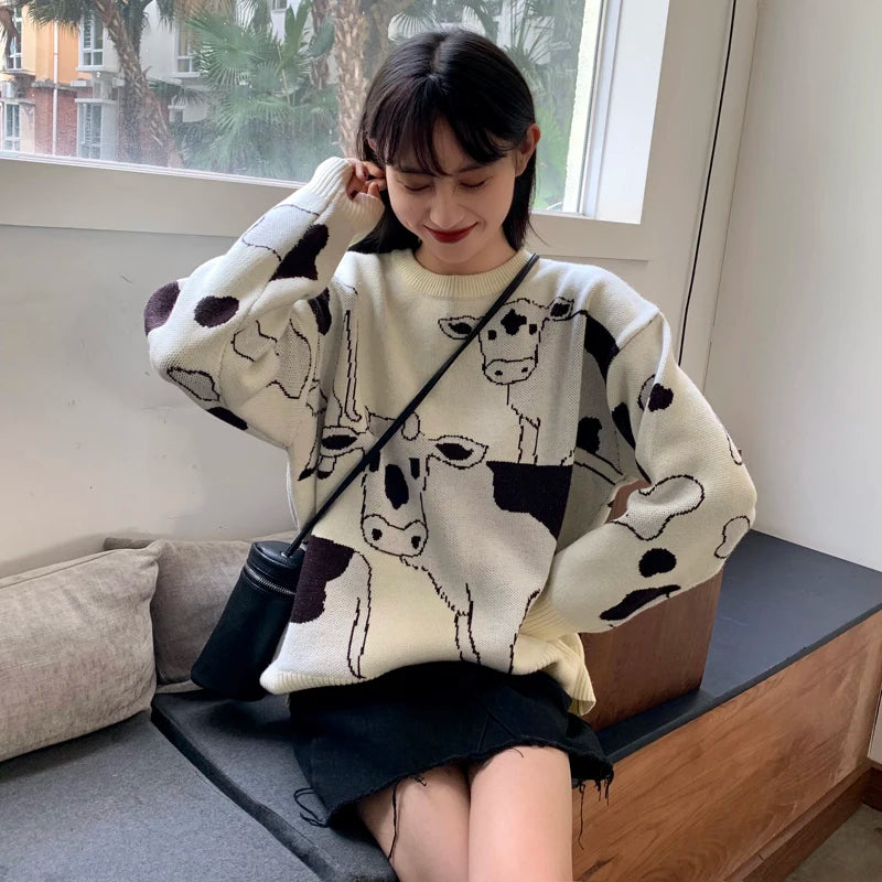 Vintage Casual Loose Lazy Cow Sweater Female Korean Harajuku Women's Sweaters Japanese Kawaii Cute Ulzzang Clothing For Women