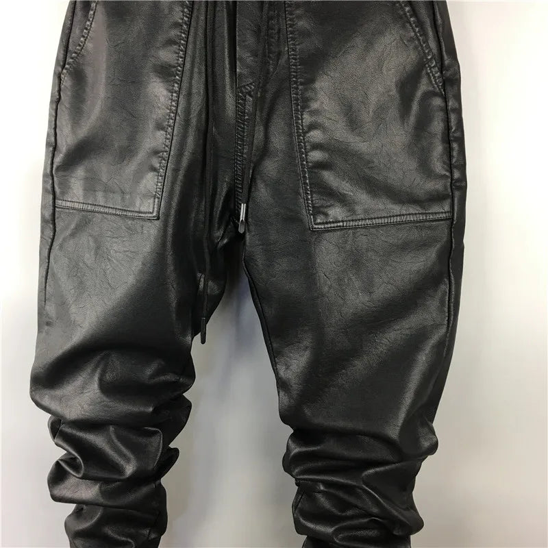Owen Seak Men Casual Cargo Harem Pants High Street Hip Hop Length PU Faux Leather Sweatpants Autumn Winter Black Big Size