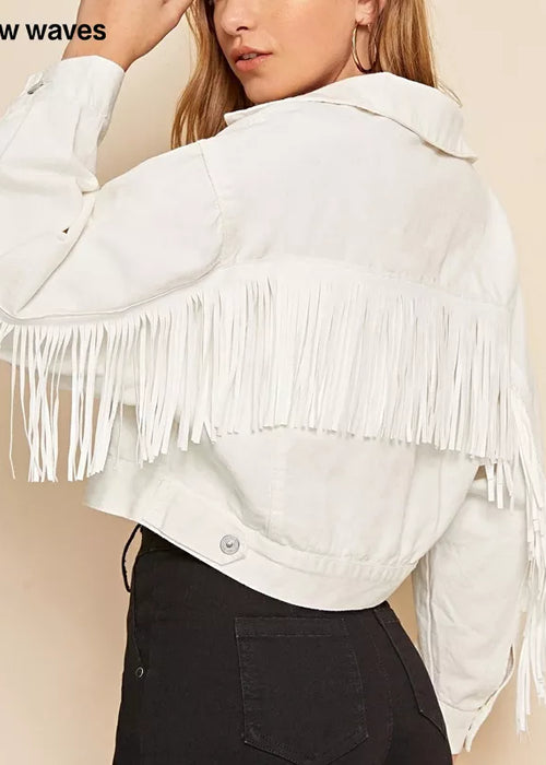 Women's Denim Jackets With Fringe Beaded Fashion Loose White Jacket Long Sleeve Short Coat Spring Casual Outerwear Rainbowwaves