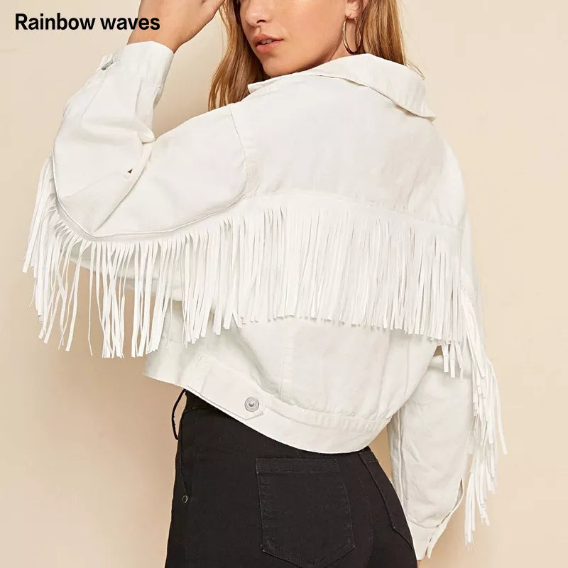 Women's Denim Jackets With Fringe Beaded Fashion Loose White Jacket Long Sleeve Short Coat Spring Casual Outerwear Rainbowwaves