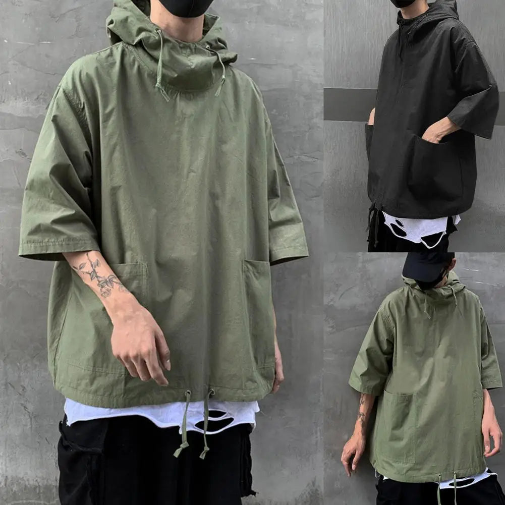 New Men's Pullover Hooded Half Sleeve Top Soft Big Pocket Loose T-shirt for Everyday