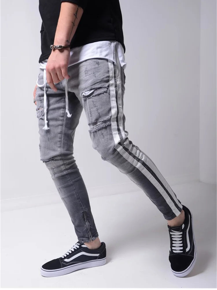 Men's Ripped Pencil Pants Men Skinny Denim Biker Side Striped Jeans Men's Fashion Foot Mouth Zipper Hip-Hop Slim Denim Trousers