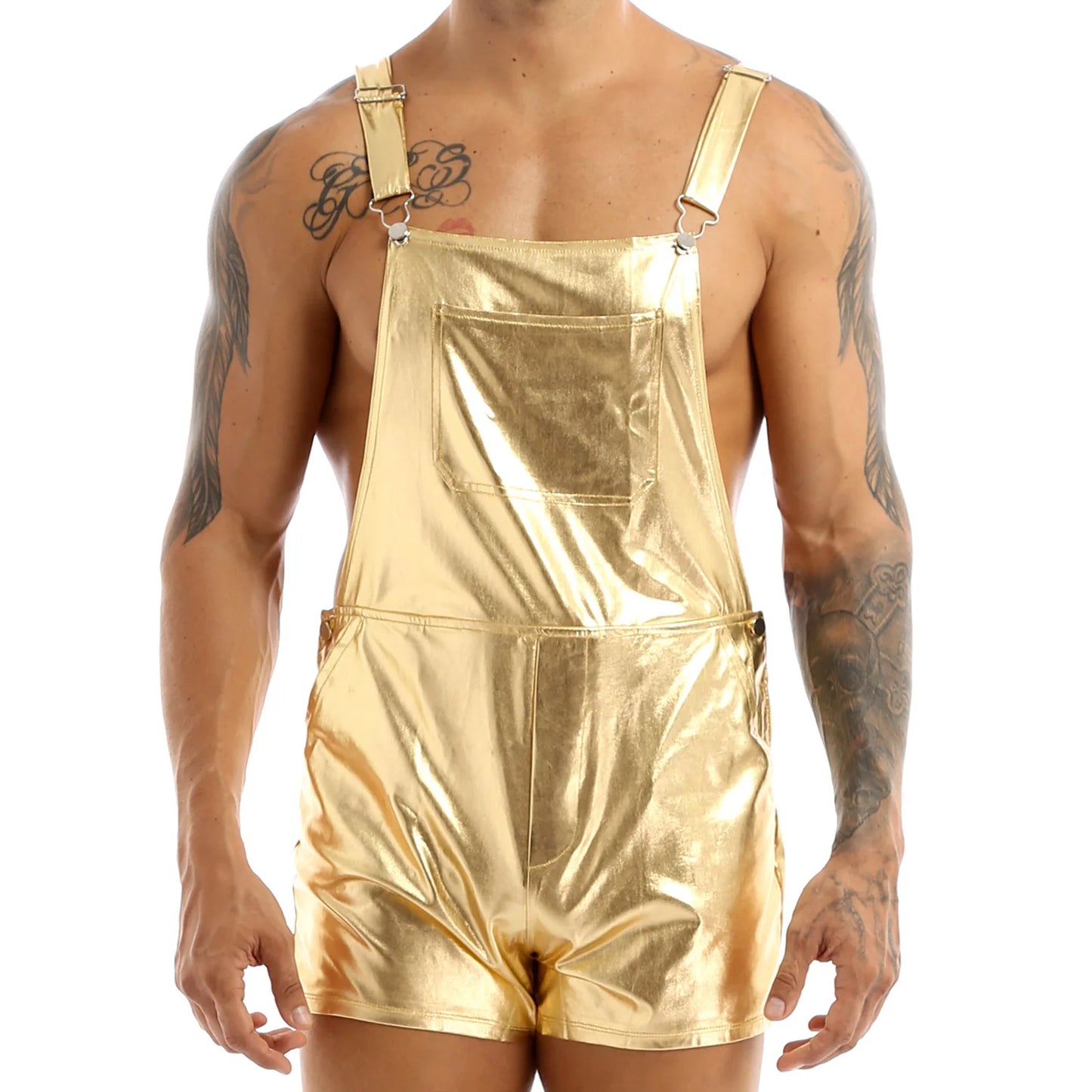 Mens Shiny Metallic Bib Overall Suspender Shorts Jazz Hip Hop Leotard Dance Costumes Shoulder Straps Jumpsuit Suspender Romper