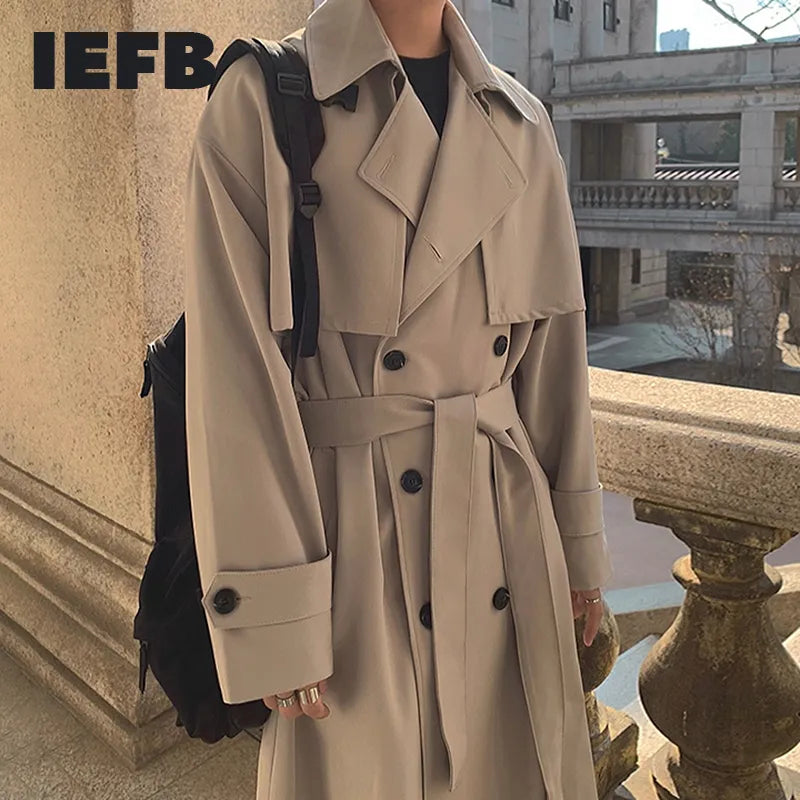 IEFB Men's Wear 2023 Autumn  Fashion New Double Breasted Clothes Male Long Coat Loose Overcoat Trend Handsome Casual Windbreak