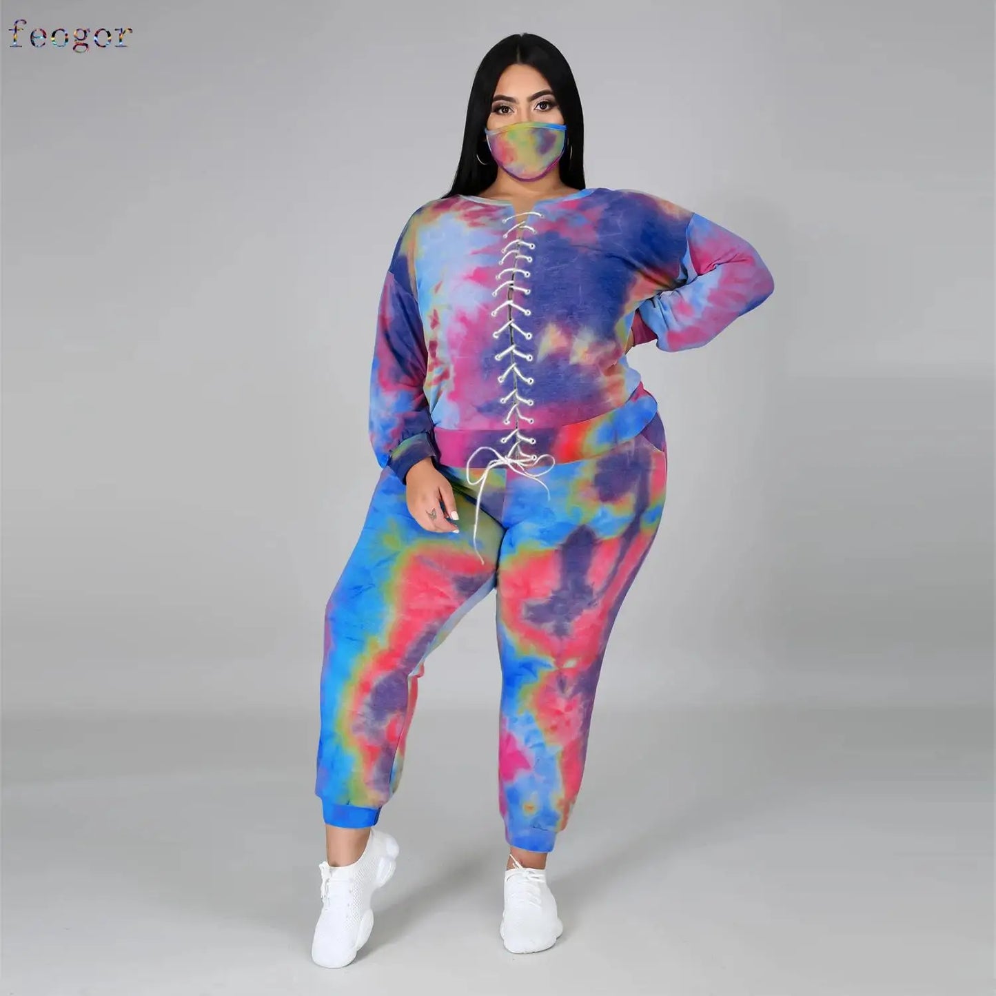 Women&#39;s Clothing Plus Size Sets 2021 Autumn Urban Three-Piece O-Neck Sweater Tie-Dye Fashion Tie Long Sleeve Loose Leisure Suit