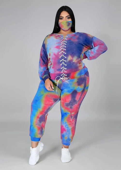 Women&#39;s Clothing Plus Size Sets 2021 Autumn Urban Three-Piece O-Neck Sweater Tie-Dye Fashion Tie Long Sleeve Loose Leisure Suit