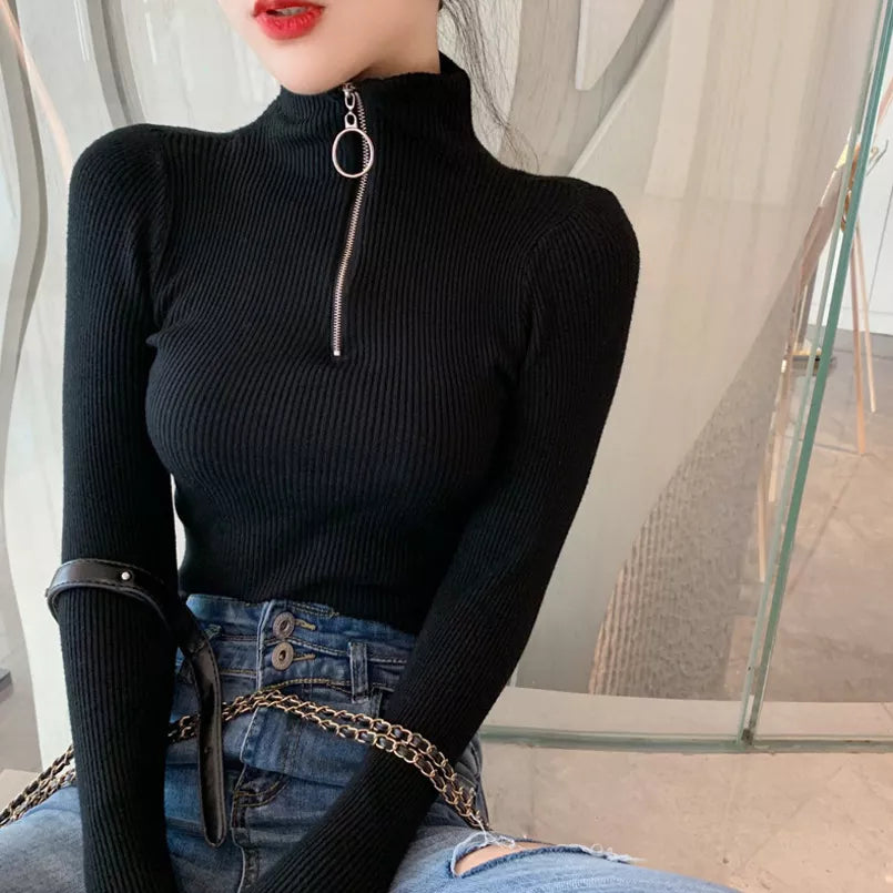 New Winter Women's Sweaters Zipper Turtleneck Pullover Women Long Sleeve Top Black Knitted Sweater Female Korean Clothes 2020