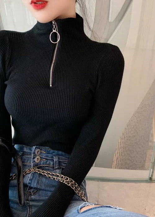 New Winter Women's Sweaters Zipper Turtleneck Pullover Women Long Sleeve Top Black Knitted Sweater Female Korean Clothes 2020