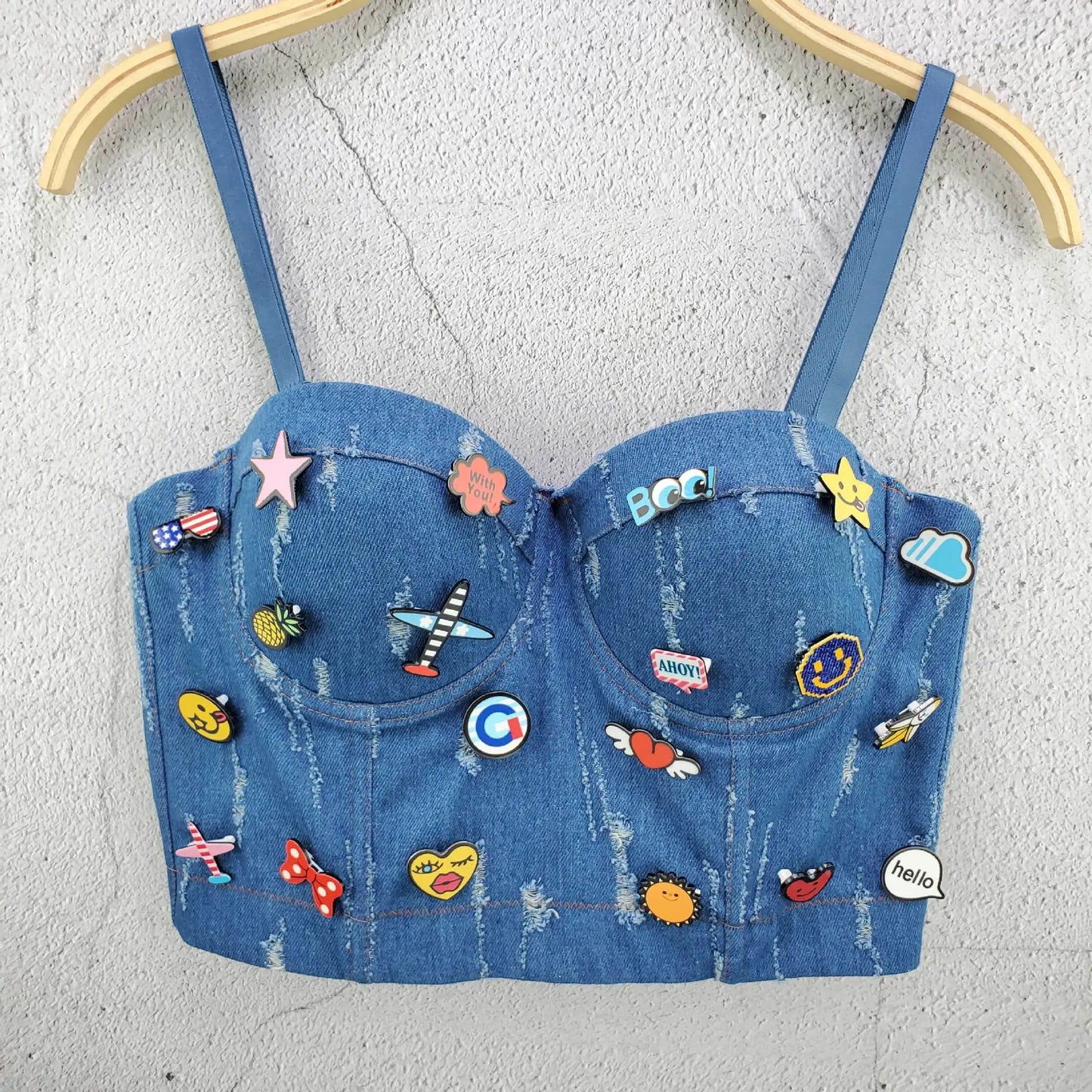 Irene Tinnie Sexy Cute Hole Cartoon Decoration Push Up Bustier Women's Denim Bralette Cropped Top Vest Plus Size