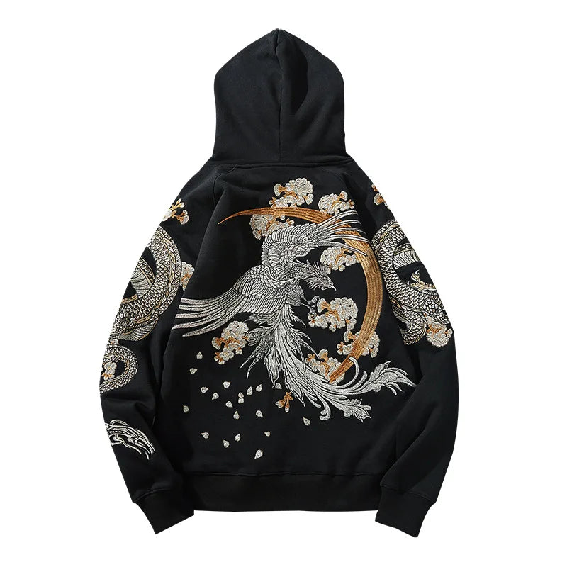 High Street Black Loose Long Sleeve Streetwear Phoenix Dragon Sakura Embroidered Fashionable Men Boys Pullover Tops Hoodies L