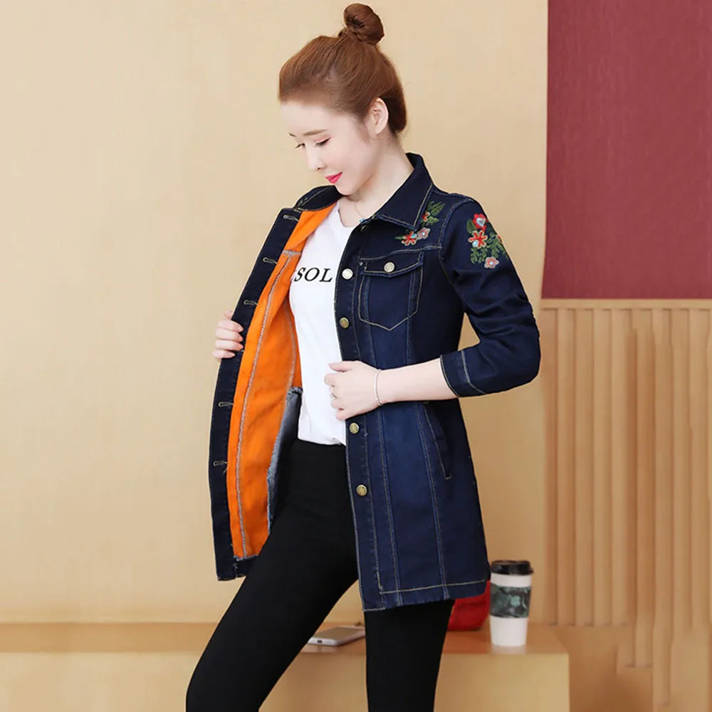 Winter New Style Cowgirl Jacket Embroidered Flowers Add  Velvet Thickening Women's Denim Jacket Single-Breasted Slim Trench Coat