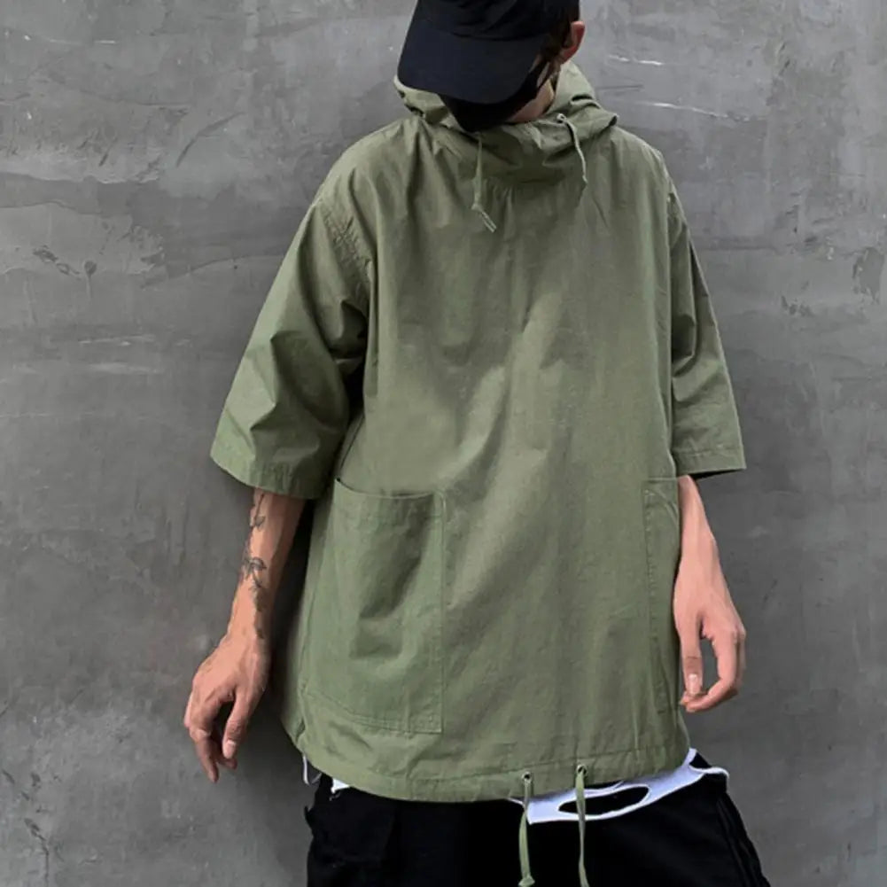 New Men's Pullover Hooded Half Sleeve Top Soft Big Pocket Loose T-shirt for Everyday