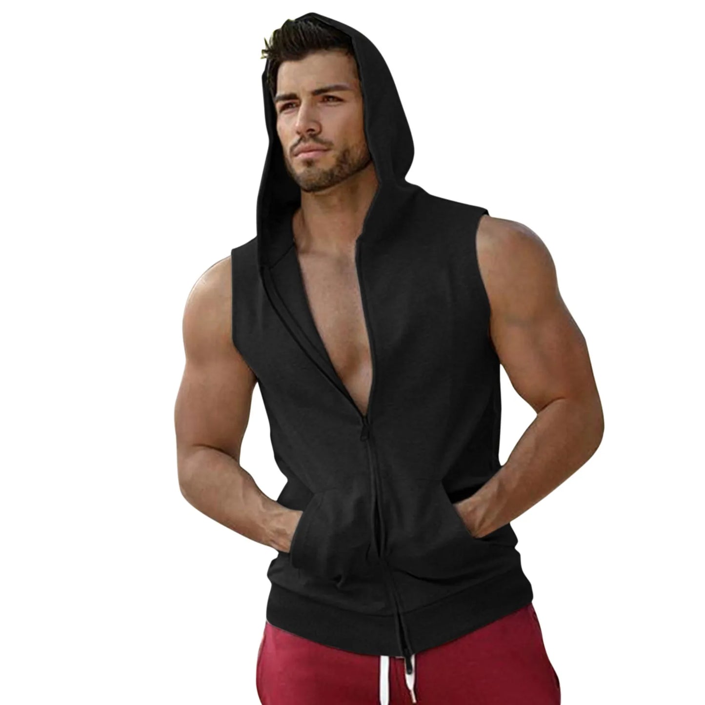 Men's Casual Fitness Hooded Double Zipper Tank Tops Bodybuilding Gym Clothing Men Fitness Muscle Sleeveless Vest Top Ropa Hombre