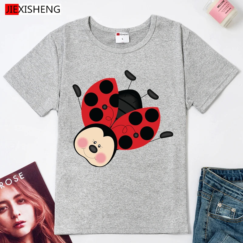 Summer Women T Shirt Cute Short Sleeve O Neck Tops Cartoon Ladybug Print t-shirt Kawaii Girl White Women Clothing HH519