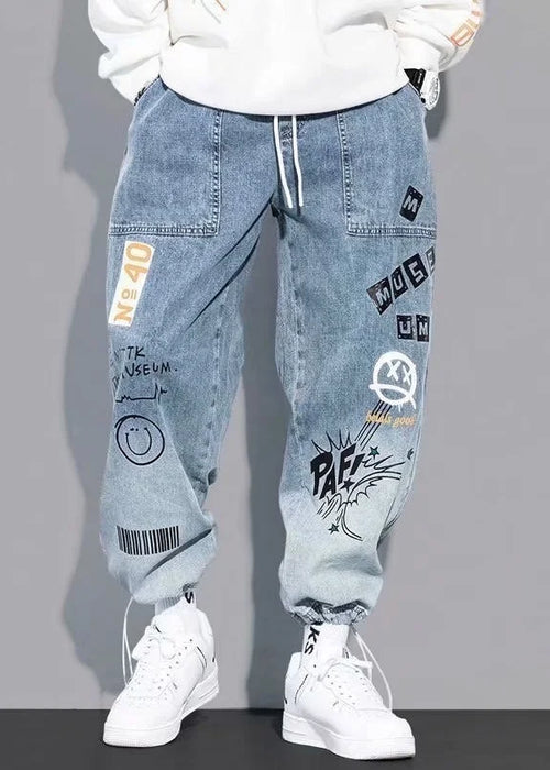 ICCLEK Autumn New Letter Printed Jeans Men's Tide Brand Loose Cartoon Graffiti Drawstring Pants Drawstring Pants Men Jeans