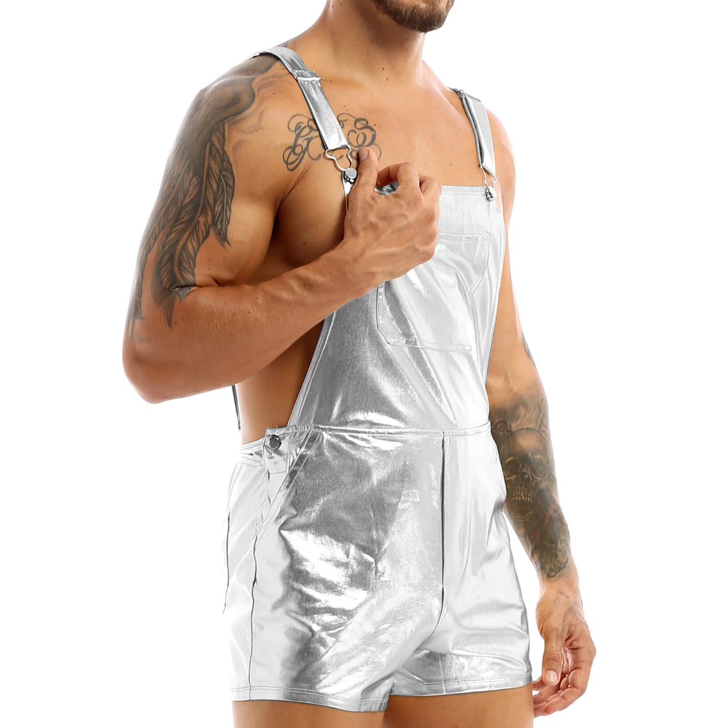 Mens Shiny Metallic Bib Overall Suspender Shorts Jazz Hip Hop Leotard Dance Costumes Shoulder Straps Jumpsuit Suspender Romper