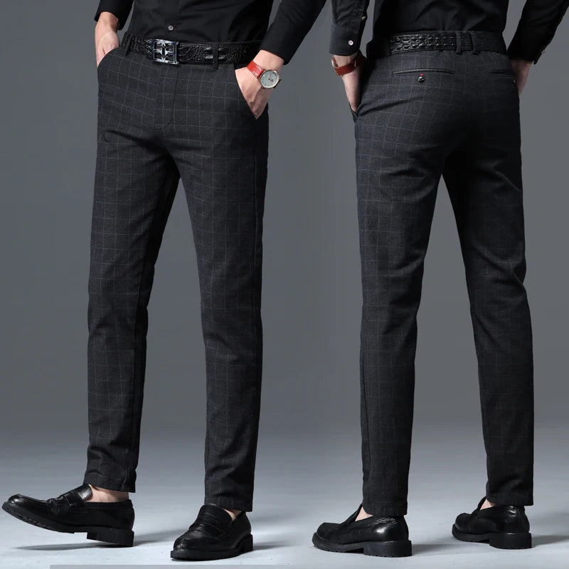 2025 Autumn New Men's Slim Plaid Casual Pants Fashion Soft Stretch Business Work Trousers Gentleman Brand Clothes Black Blue
