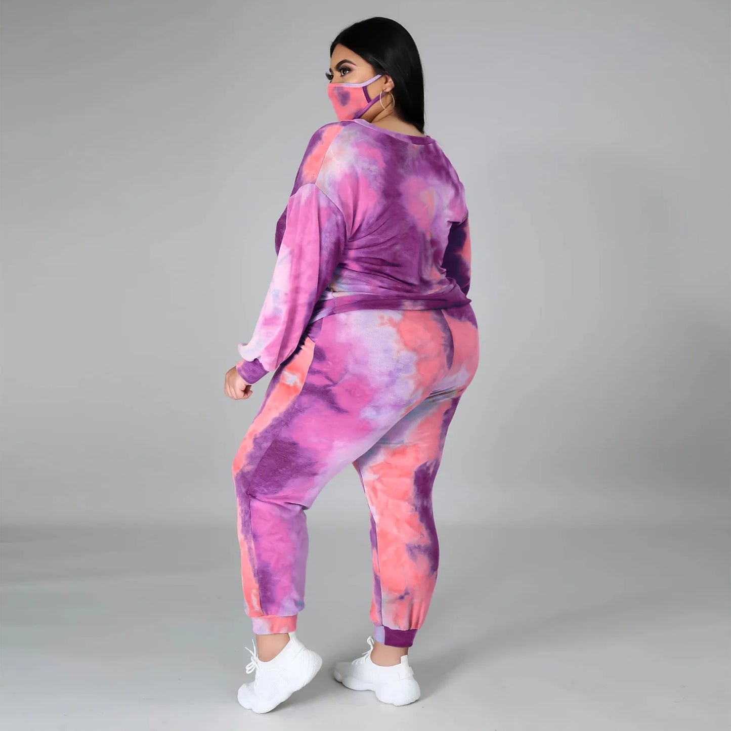 Women&#39;s Clothing Plus Size Sets 2021 Autumn Urban Three-Piece O-Neck Sweater Tie-Dye Fashion Tie Long Sleeve Loose Leisure Suit