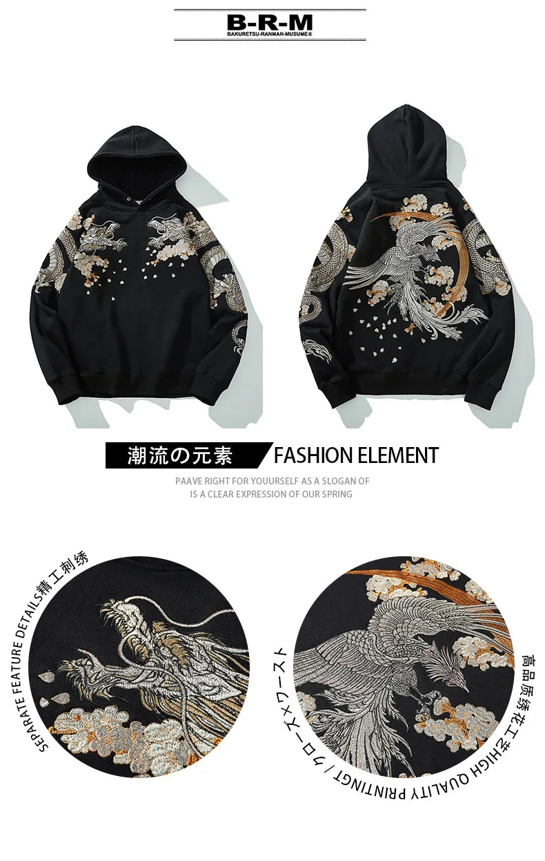 High Street Black Loose Long Sleeve Streetwear Phoenix Dragon Sakura Embroidered Fashionable Men Boys Pullover Tops Hoodies L