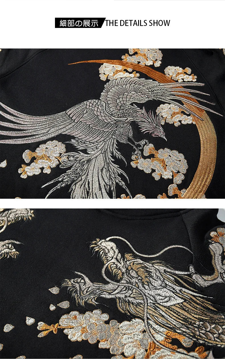 High Street Black Loose Long Sleeve Streetwear Phoenix Dragon Sakura Embroidered Fashionable Men Boys Pullover Tops Hoodies L