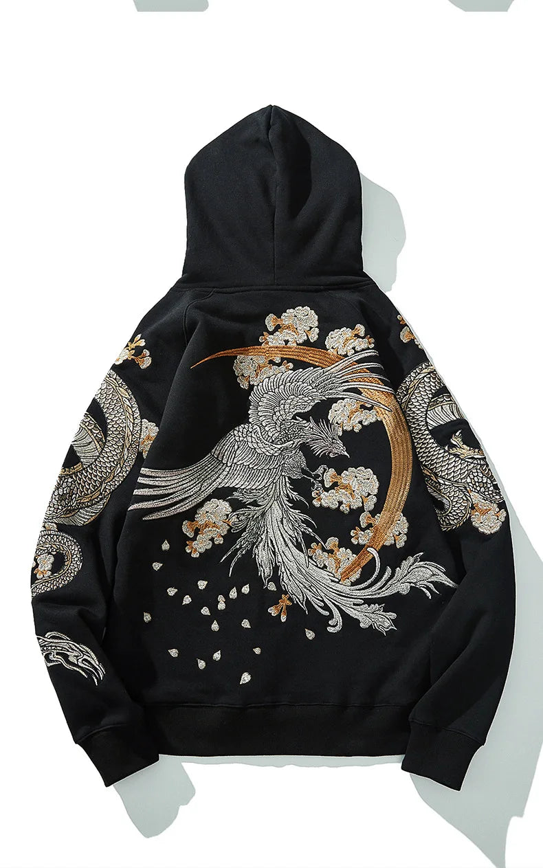 High Street Black Loose Long Sleeve Streetwear Phoenix Dragon Sakura Embroidered Fashionable Men Boys Pullover Tops Hoodies L