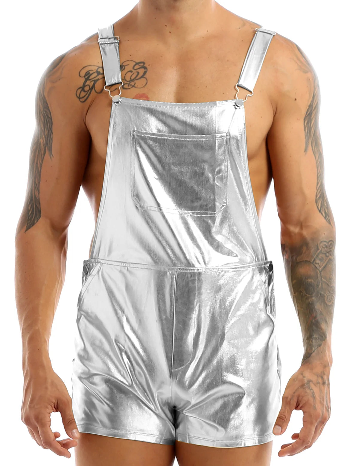 Mens Shiny Metallic Bib Overall Suspender Shorts Jazz Hip Hop Leotard Dance Costumes Shoulder Straps Jumpsuit Suspender Romper