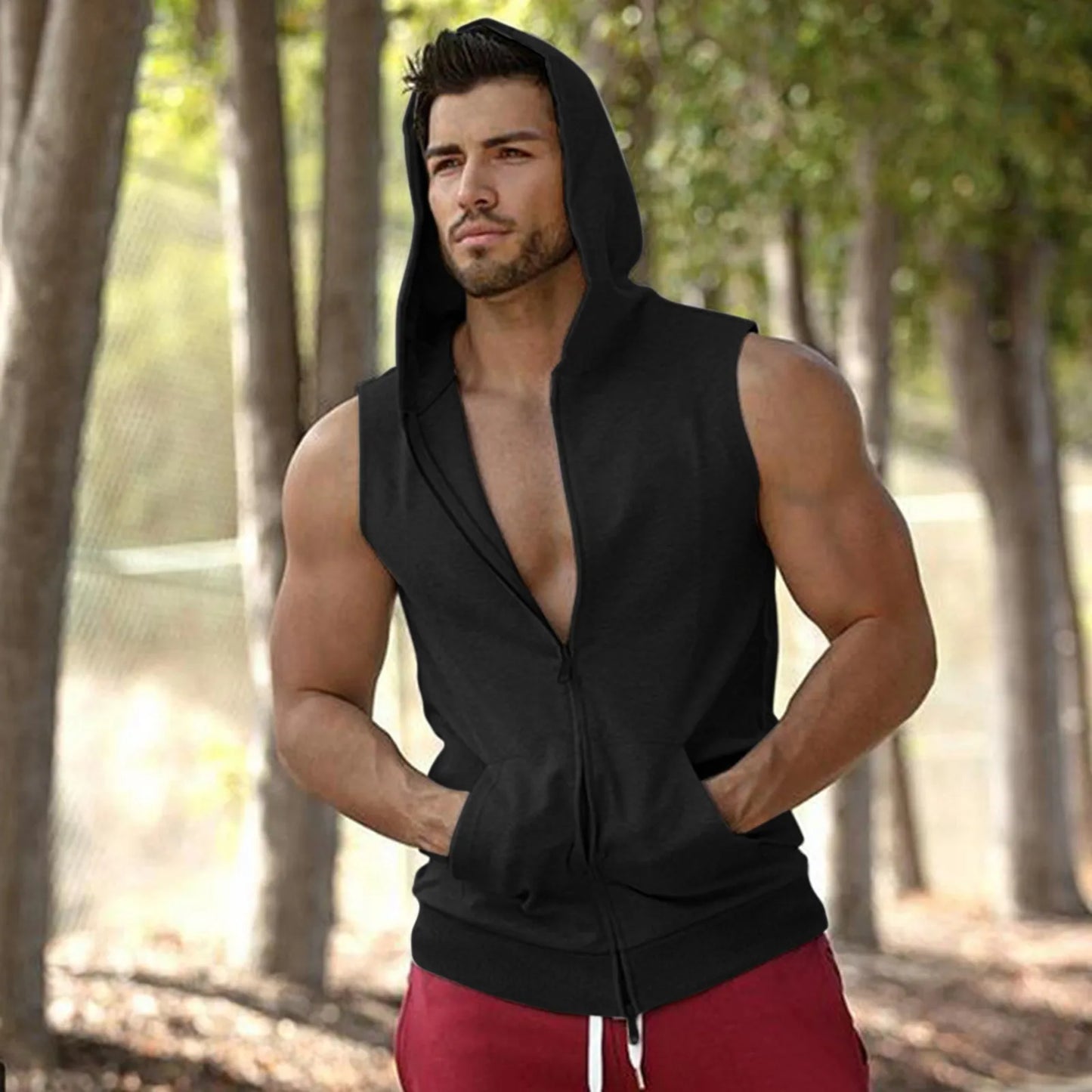 Men's Casual Fitness Hooded Double Zipper Tank Tops Bodybuilding Gym Clothing Men Fitness Muscle Sleeveless Vest Top Ropa Hombre